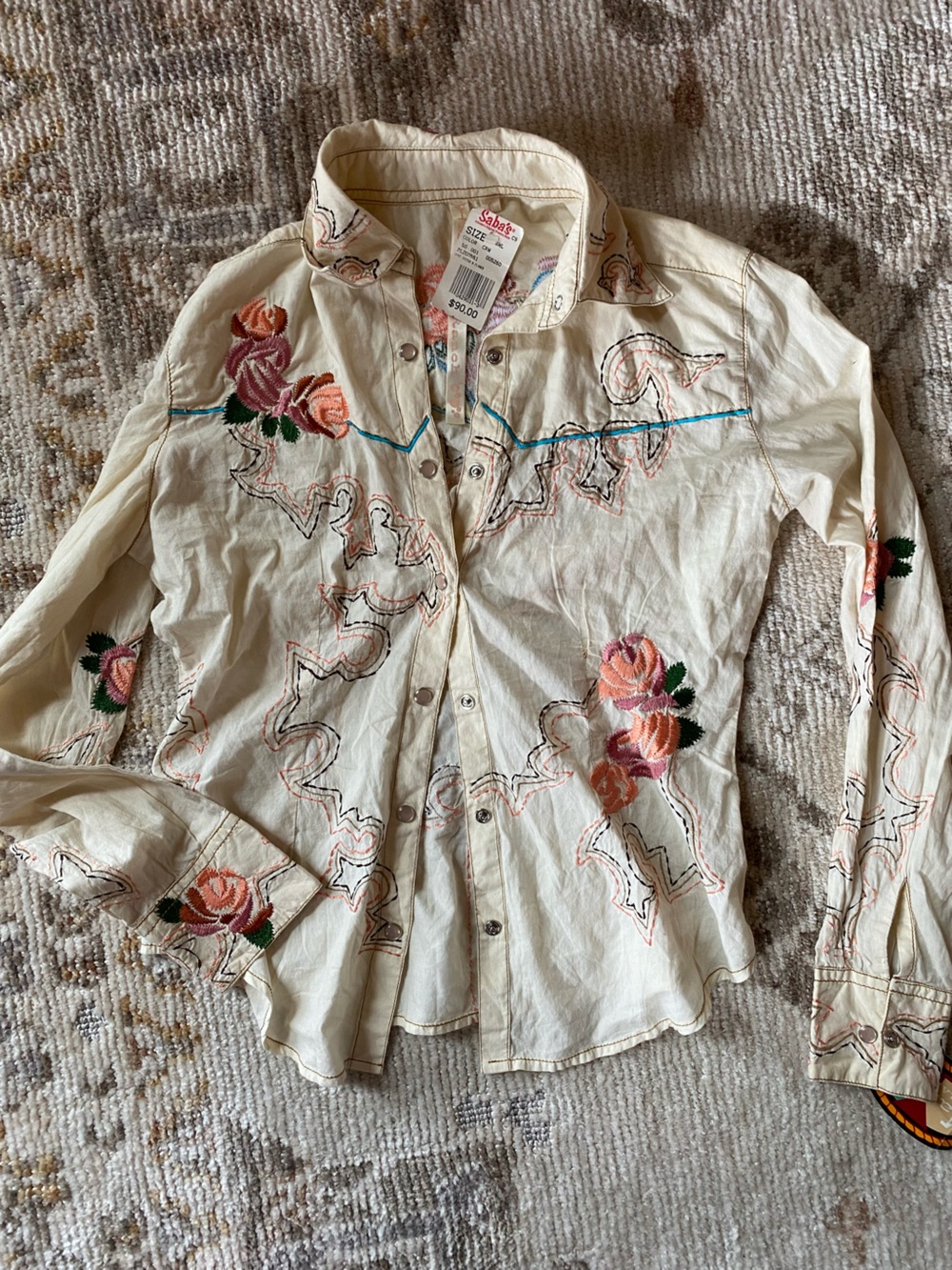 Embroidered Cream Western-Style Button Shirt with Pink Roses